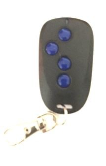 Comando porta automática preto com botões azuis e mosquetão prateado