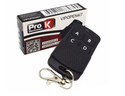 Comando remoto preto com quatro botões e embalagem Pro K Electronics