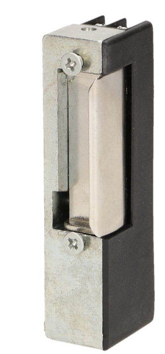 Fecho elétrico metálico prateado e preto com parafusos visíveis.