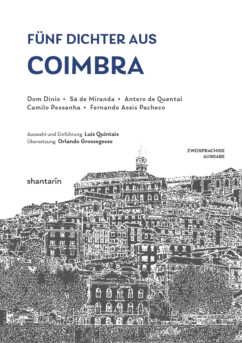 Fünf Dichter aus Coimbra Capa de livro com título em alemão e desenho preto e branco da cidade de Coimbra