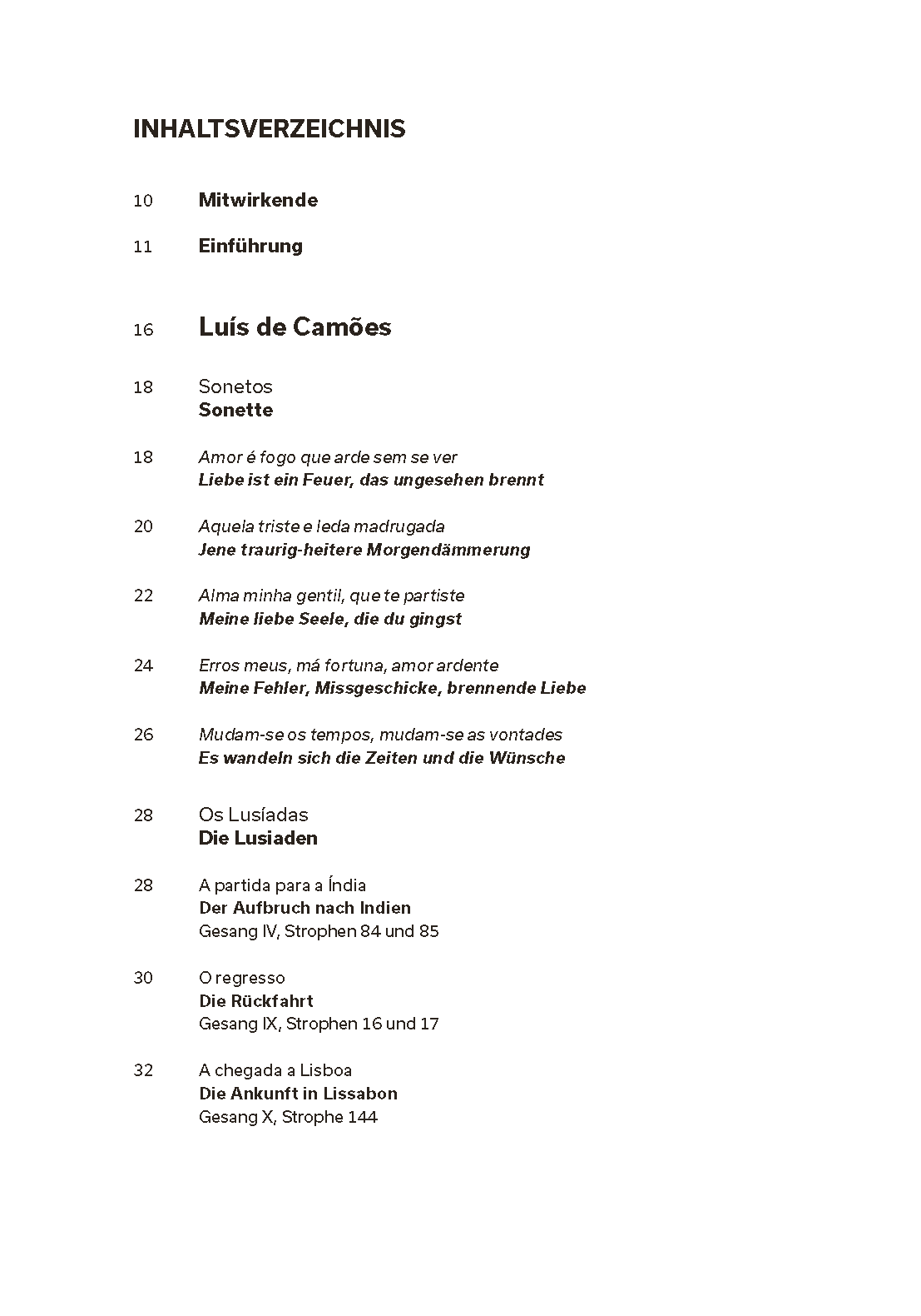 Lissabonner Dichter. Camões, Cesário, Sá-Carneiro, Florbela, Pessoa Página de índice de livro com títulos e listas em alemão e português