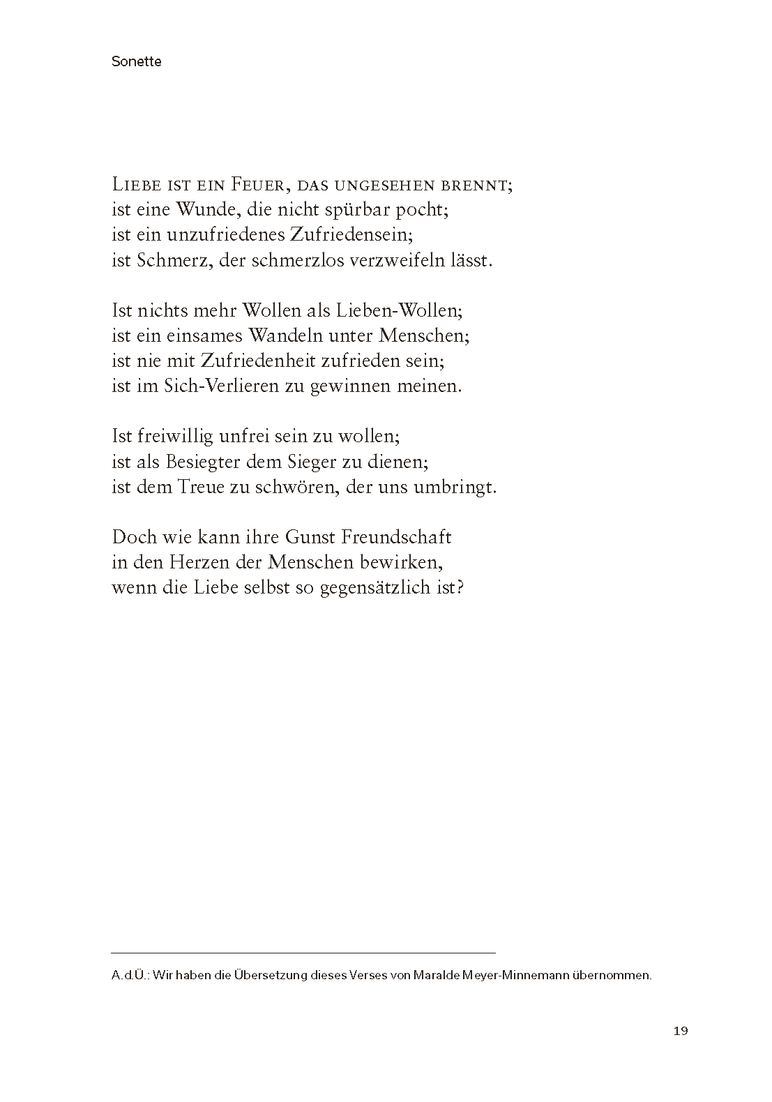 Lissabonner Dichter. Camões, Cesário, Sá-Carneiro, Florbela, Pessoa Página com poema em alemão intitulado Sonette, texto em preto sobre fundo branco.