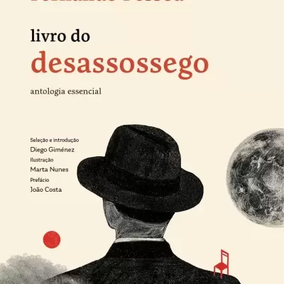 Book cover of livro do desassossego by Fernando Pessoa with black suit man, red dot, red chair, and moon illustration