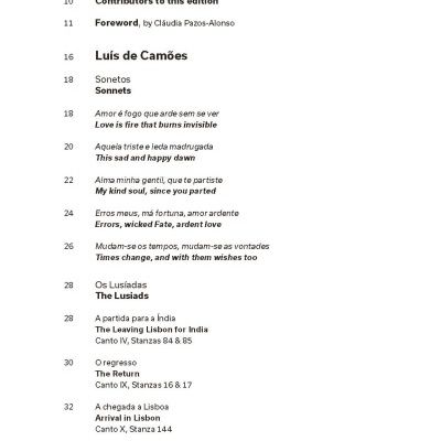 Índice de um livro com títulos e números de página em português e inglês