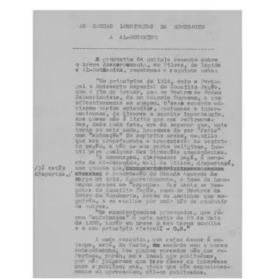 Typed document titled 'AS CAUSAS LONGINQUAS DA HOMENAGEM A AL-MOTAMIDE' in Portuguese on aged paper.