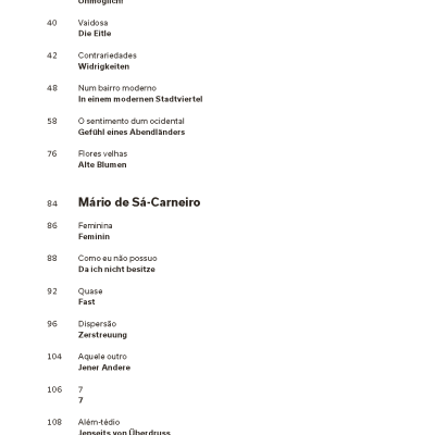 Índice com títulos de poemas em português e alemão e números de página.