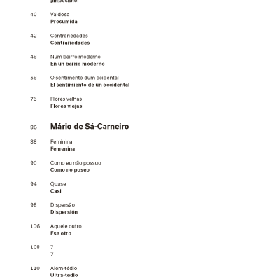 Página de livro com títulos e autores em português e espanhol