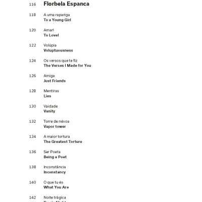 Página com títulos de poemas em português e inglês e seus números de página