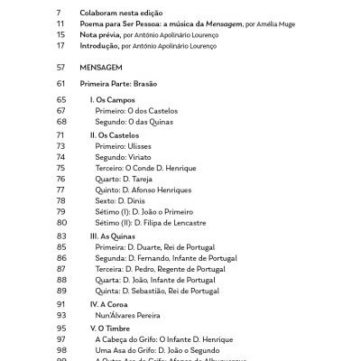 Índice de livro em português com capítulos e números de página