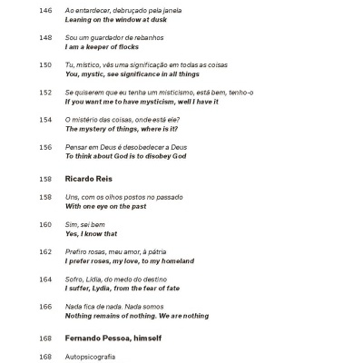 Página de livro com poesia em português e inglês e numeração das páginas