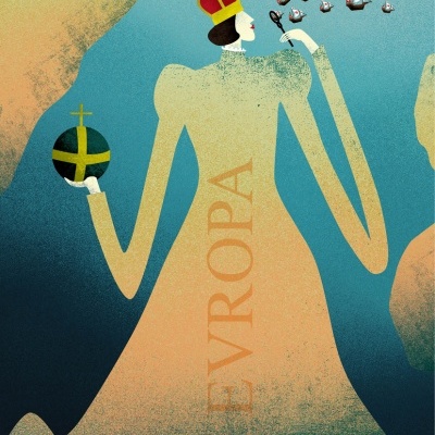 Ilustração estilizada de figura feminina com vestido amarelo esverdeado, coroa e orbe, com pequenas embarcações ao fundo