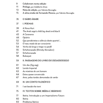 Index page of a book with sections and titles in Portuguese and English
