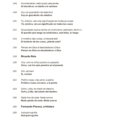 Página de livro com texto em português e espanhol, títulos e poemas de Fernando Pessoa e outros autores