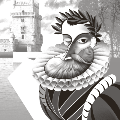 Figura renascentista em ilustração digital com a Torre de Belém ao fundo