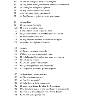 Table of contents page in Spanish with numbered chapters and titles