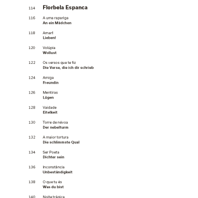 Página de livro com textos em português e alemão, títulos e temas listados