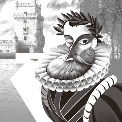 Ilustração renascentista em tons de cinza com cenário medieval