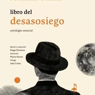 Book cover with illustration of man in black hat and orange chair, text in Spanish.