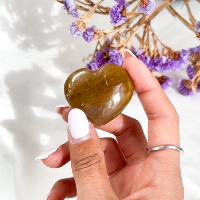 Mão segurando pedra em forma de coração castanha com flores secas lilases ao fundo