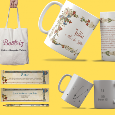 Sacos de tecido, canecas, lápis e régua com design floral e textos em português