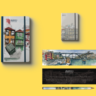 Produtos Porto Portugal: cadernos, marcador, cartão e lápis sobre fundo amarelo
