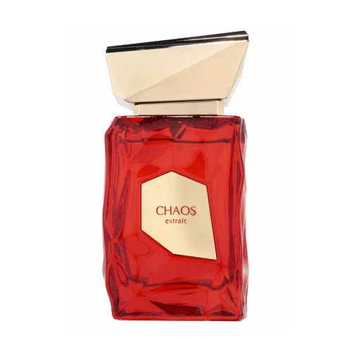 Fragrance World French Avenue Chaos unissexo 100ml Frasco de perfume vermelho com tampa dourada e etiqueta CHAOS extrait
