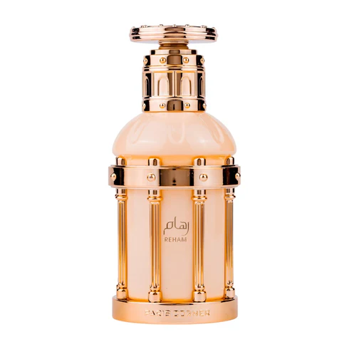 Eau de parfum Reham Vanilla Mood 100ml - Paris Corner Frasco de perfume dourado e rosado com detalhes arquitetónicos