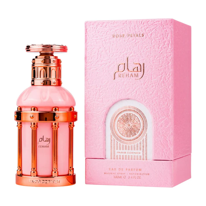 Paris Corner Reham Rose Petals Eau de Parfum 100ml Frasco e caixa rose petals REHAM perfume cor-de-rosa