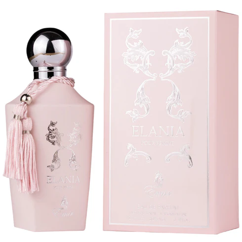 Emir Elania Eau de parfum 100 ml Frasco hexagonal rosa claro de perfume Elania com tampa metálica e cordão rosa ao lado da caixa rosa com letras prateadas