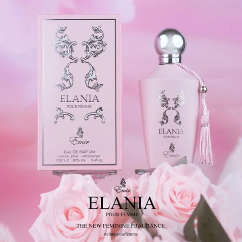 Emir Elania Eau de parfum 100 ml Perfume Elania Pour Femme com frasco rosa claro e caixa com detalhes florais e prata