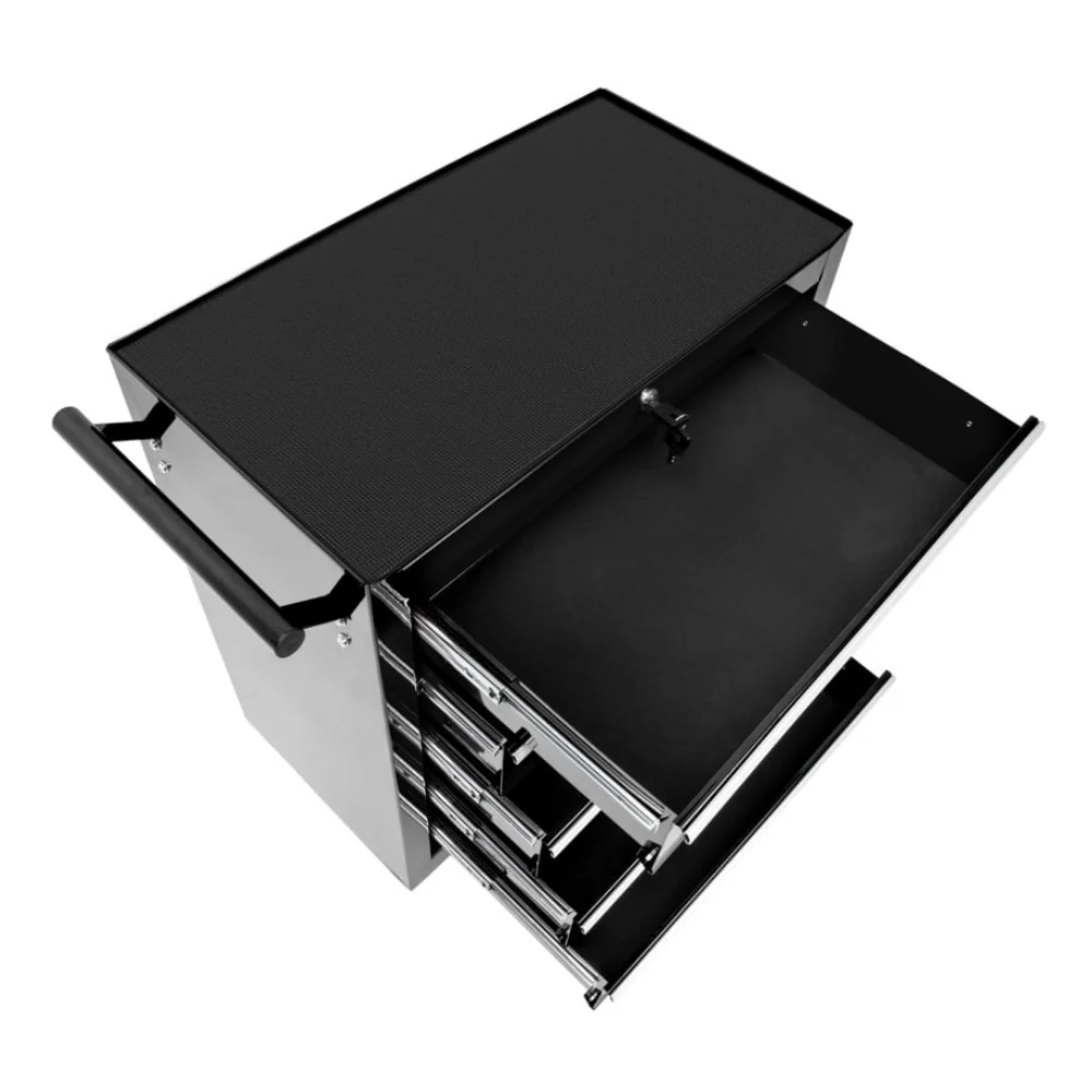 CARRINHO BANCADA METÁLICO BARBER TROLLEY CRUX Carrinho de ferramentas metálico com gavetas abertas e tampo preto