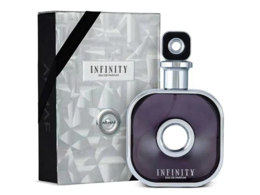 Armaf Infinity Silver Eau de Parfum 105ml Frasco de perfume roxo escuro INFINITY com caixa branca texturizada