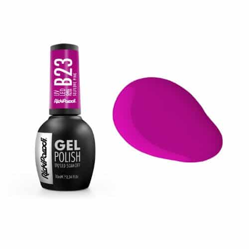 Verniz Gel RickiParodi SelfLove Pink B23 10 ml Frasco de verniz gel preto e rosa com amostra da cor rosa fúcsia