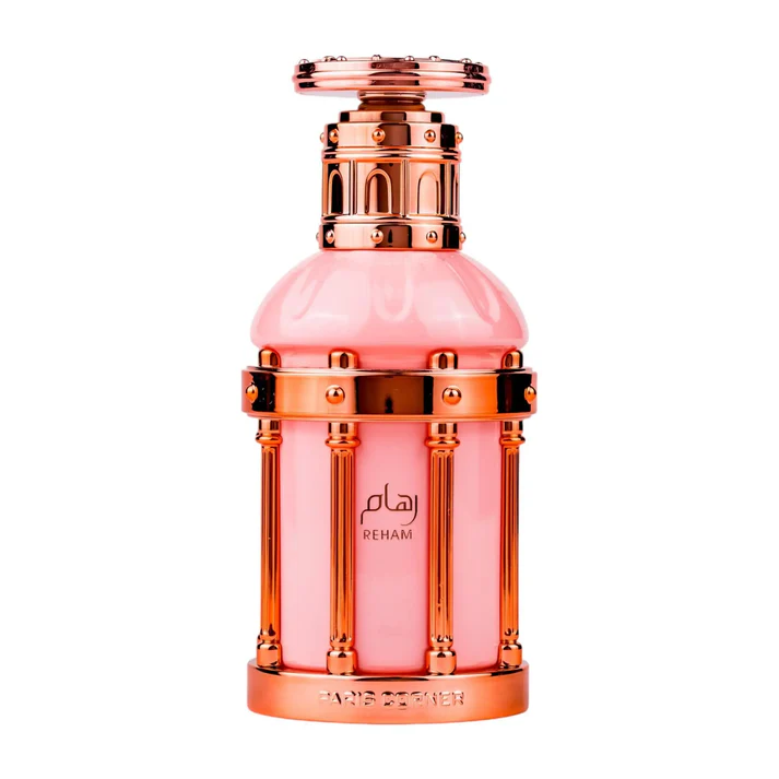 Paris Corner Reham Rose Petals Eau de Parfum 100ml Frasco de perfume rosa com detalhes dourados estilo colunas