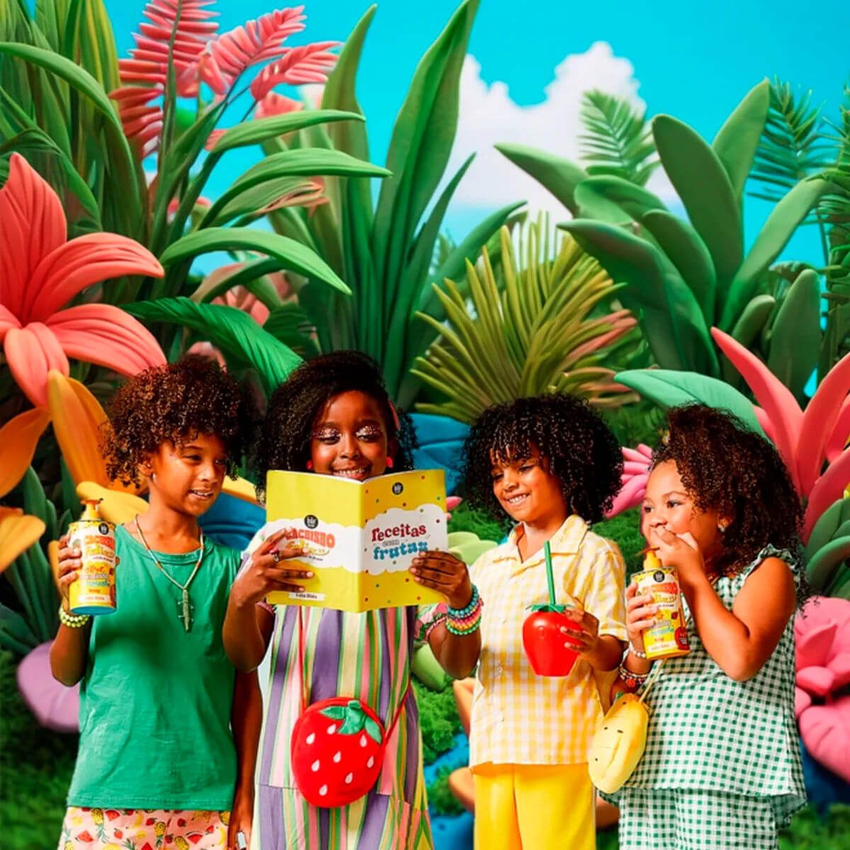 Crianças felizes com bebidas e livro em cenário colorido de plantas grandes