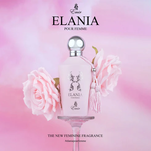 Emir Elania Eau de parfum 100 ml Frasco de perfume Elania Pour Femme da Emir com flores cor de rosa