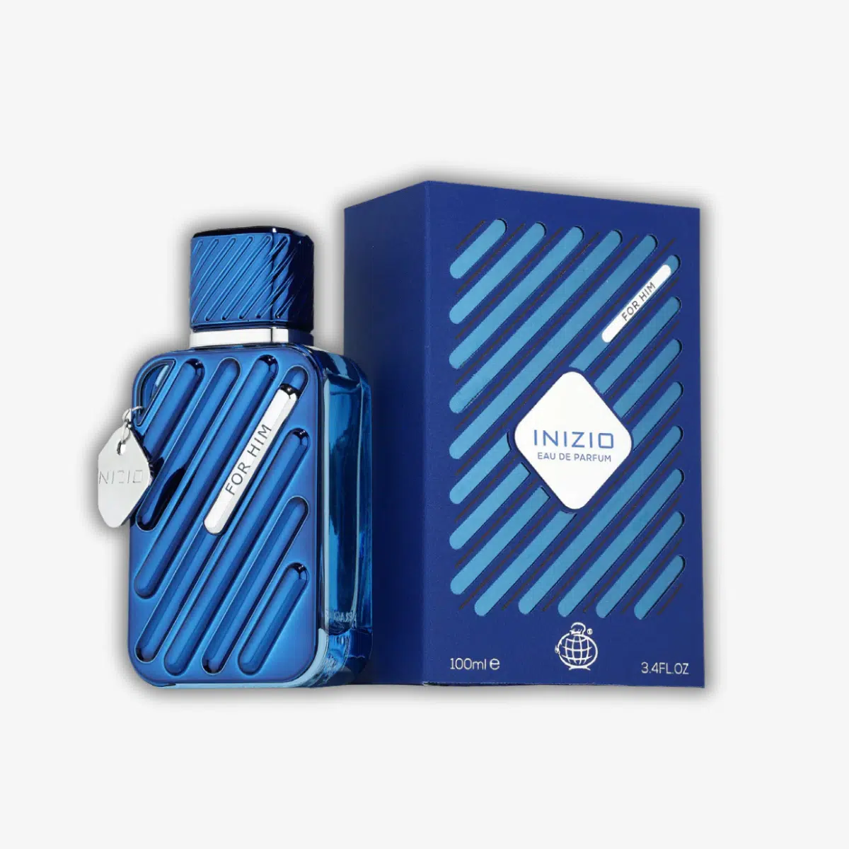 Fragrance World Inizio For Him 100 Ml Frasco e caixa de perfume Inizio azul para homem com padrão diagonal