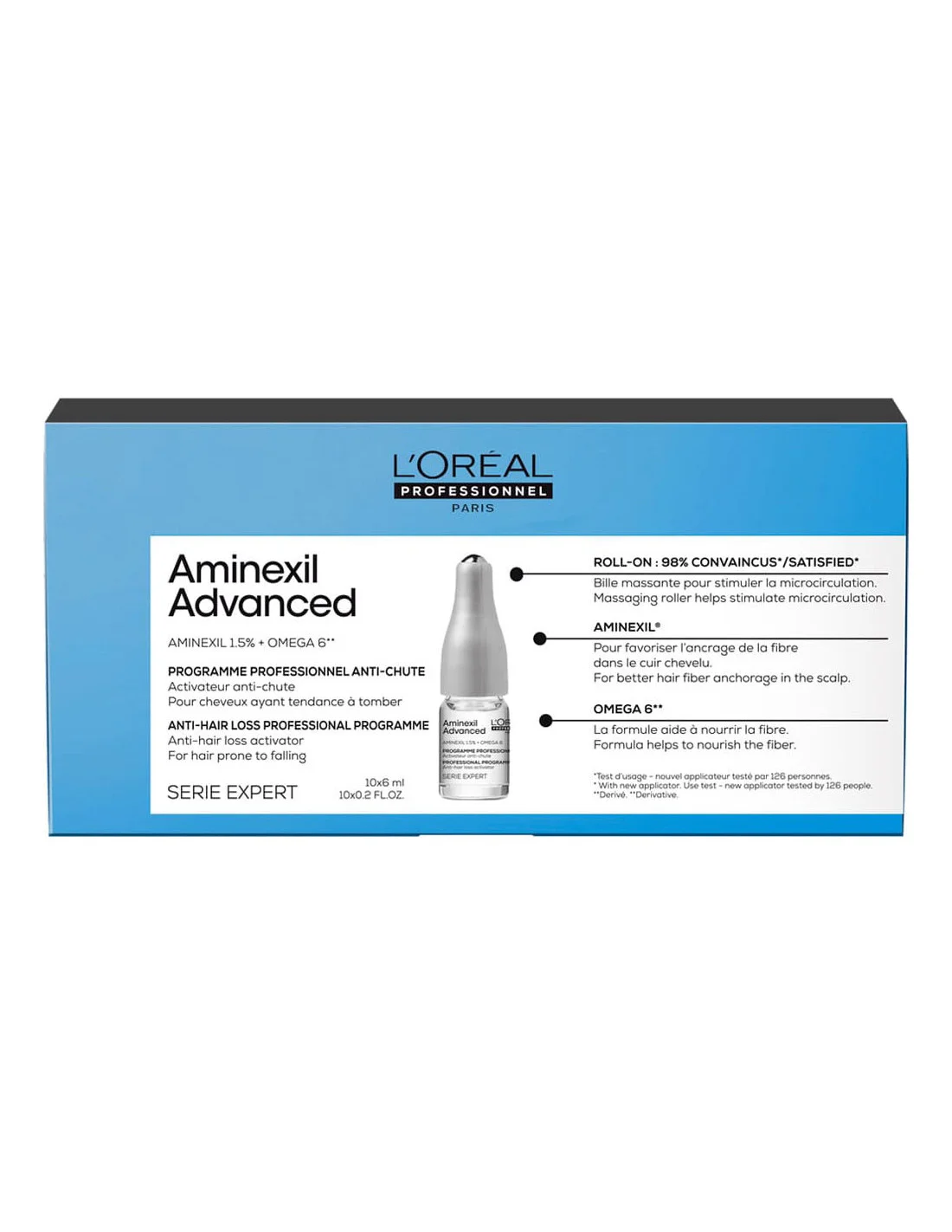 Loreal Aminexil Advanced 10X6ml Caixa de L'Oréal Aminexil Advanced programa anti-queda com texto azul e branco