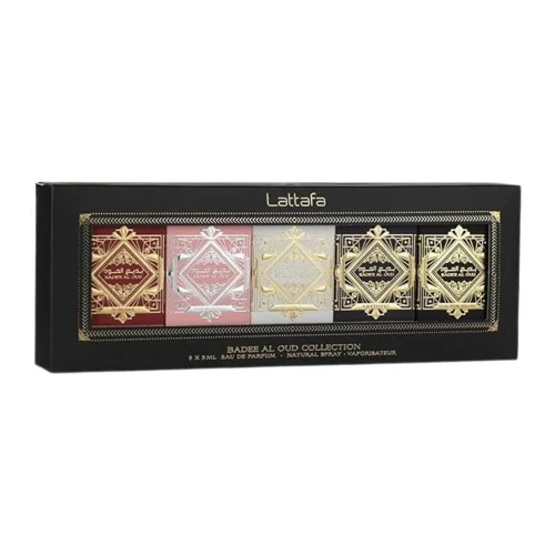 Lattafa Badee Al Oud Collection coffret unissexo Conjunto Lattafa Badee Al Oud Collection com cinco frascos decorados em caixa preta