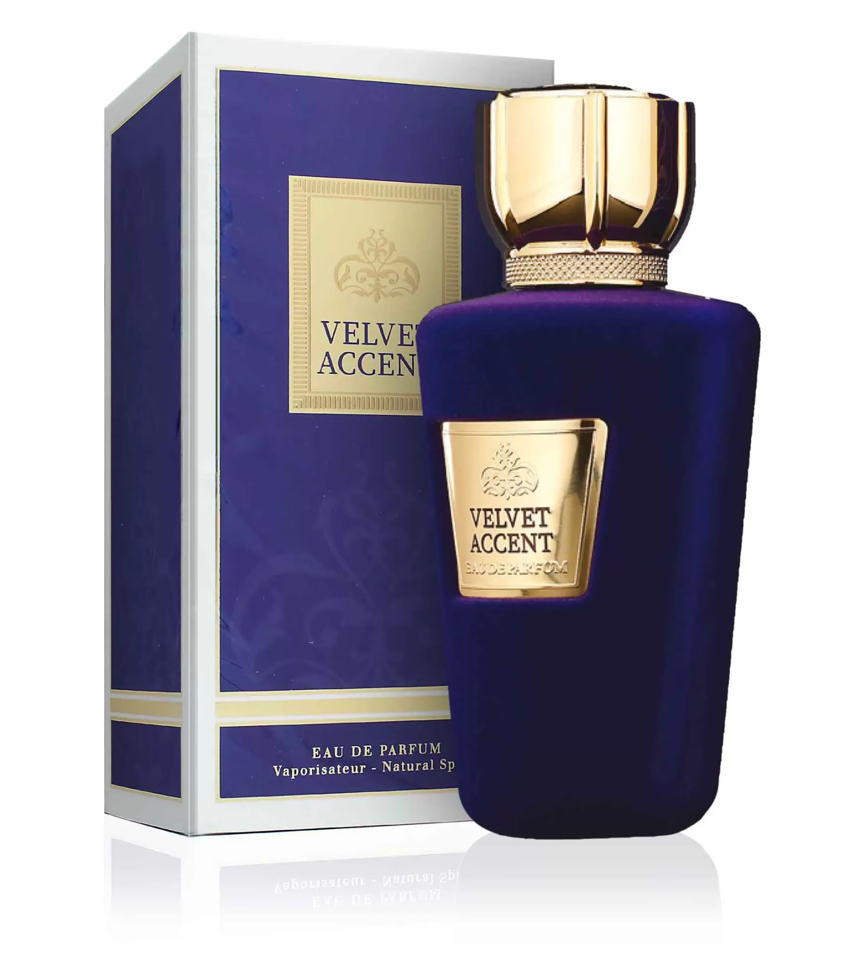 Velvet Accent Fragrance World 100ml Arabic Perfume Frasco de perfume azul escuro com detalhes dourados e caixa azul com dourado