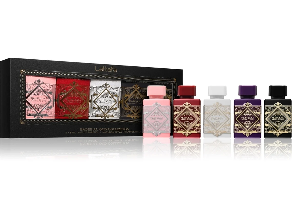 Lattafa Badee Al Oud Collection coffret unissexo Conjunto de cinco frascos de perfume Lattafa Ba Dee Al Oud de várias cores em caixa preta