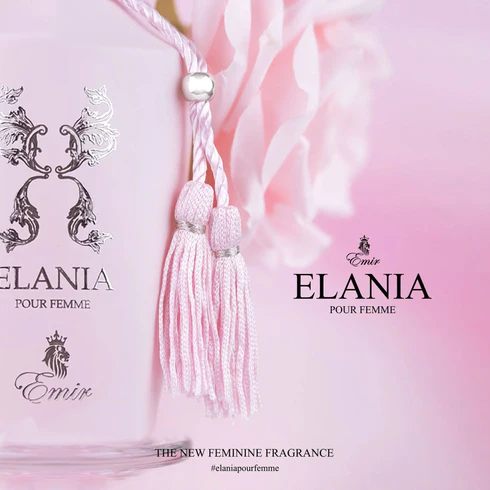Emir Elania Eau de parfum 100 ml Frasco de perfume rosa claro Elania Pour Femme com cordão rosa e franjas