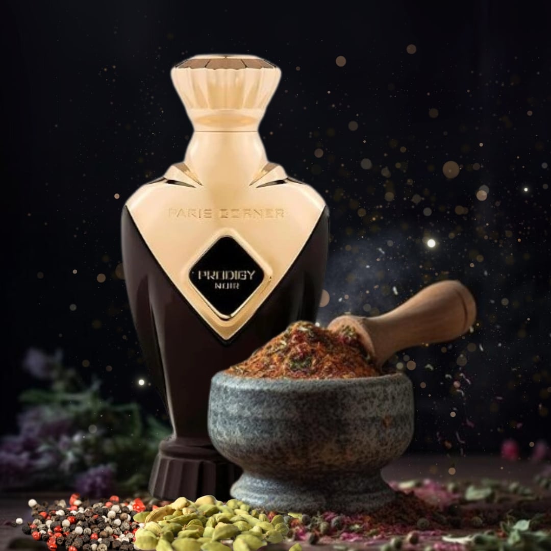 Paris Corner Prodigy Noir Eau de Parfum unissexo 100ml Frasco de perfume preto e dourado com almofariz e especiarias