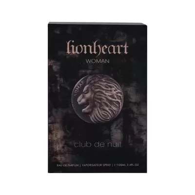 Embalagem preta para perfume Lionheart Woman com medalhão de leão prateado