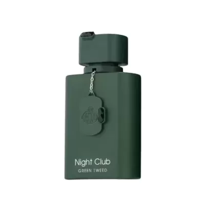 Frasco de perfume verde escuro com texto Night Club GREEN TWEED