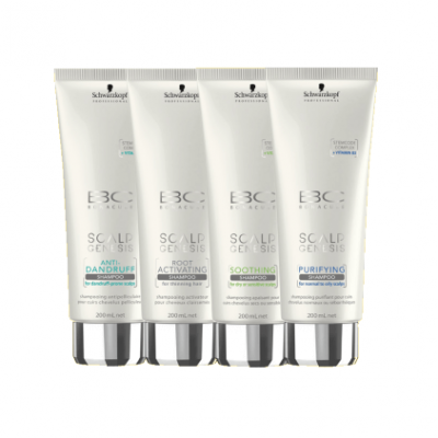 Quatro frascos brancos de champô Schwarzkopf Professional EBC Scalp Genesis em fundo branco