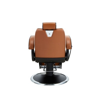 Cadeira de barbearia em couro castanho vista de trás