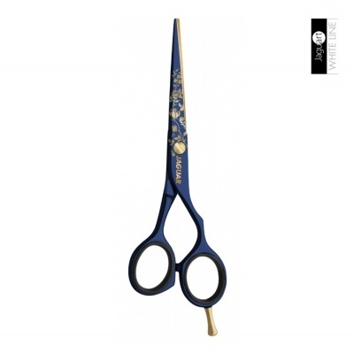 Tesoura de cabelo azul com detalhes dourados e padrão floral
