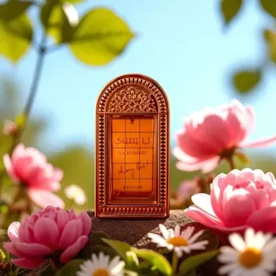 Frasco de perfume âmbar decorado rodeado por flores num ambiente exterior