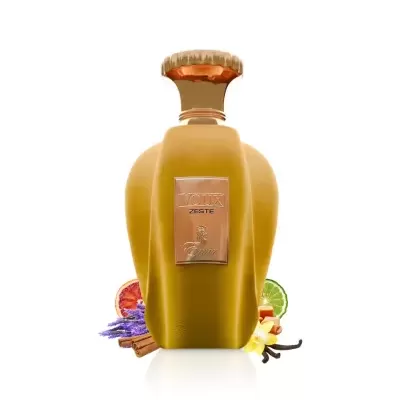 Frasco dourado opaco de perfume com tampa dourada e rótulo metálico